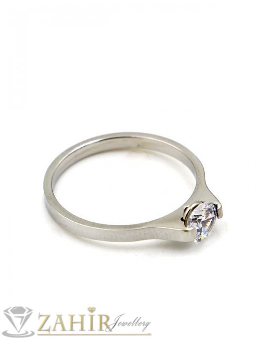 Дамски бижута - Много нежен пръстен от неръждаема стомана, широк 0,2 см с фасетен 0,6 см циркон,не променя цвета си - P1585
